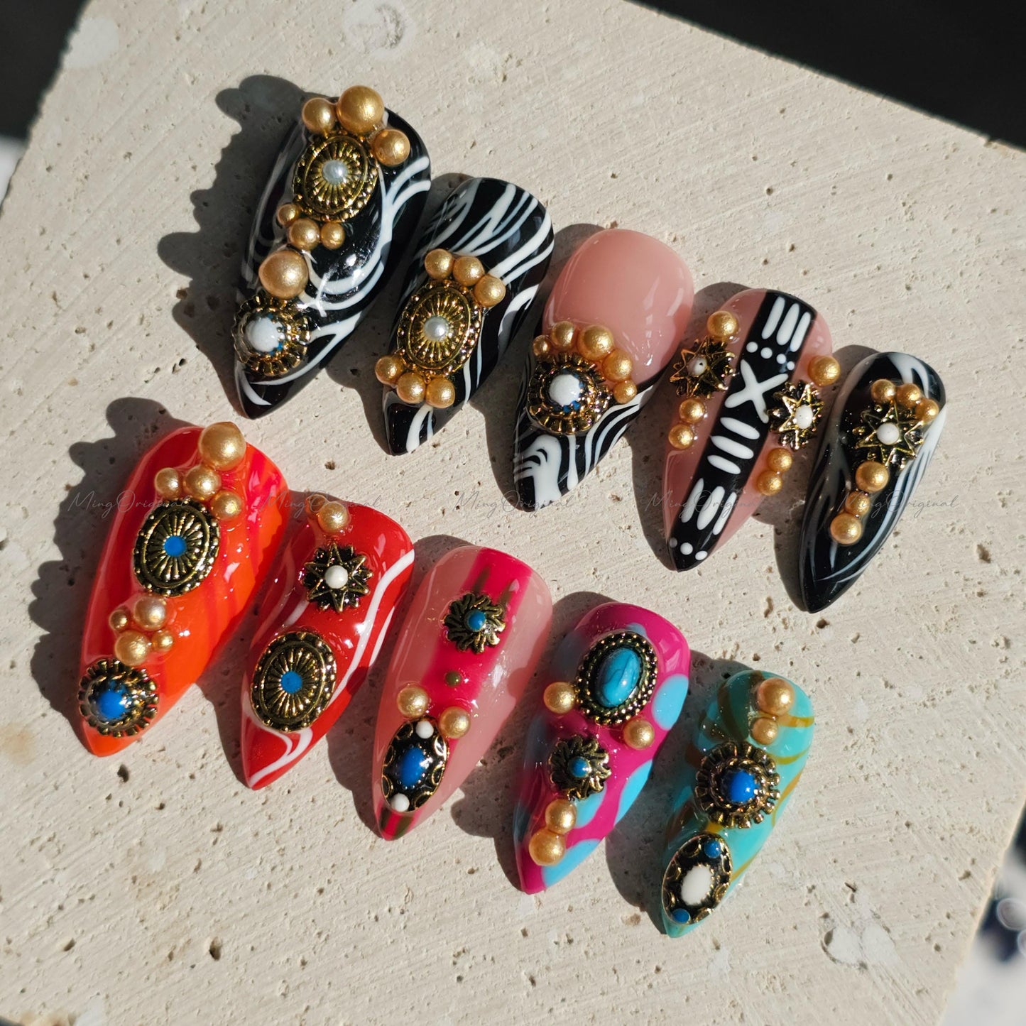 Boho Luxe Press on Nails, Black and white zebra, tribal pattern, bold red, turquoise accents, gold charms, statement nail,gift for her MO658