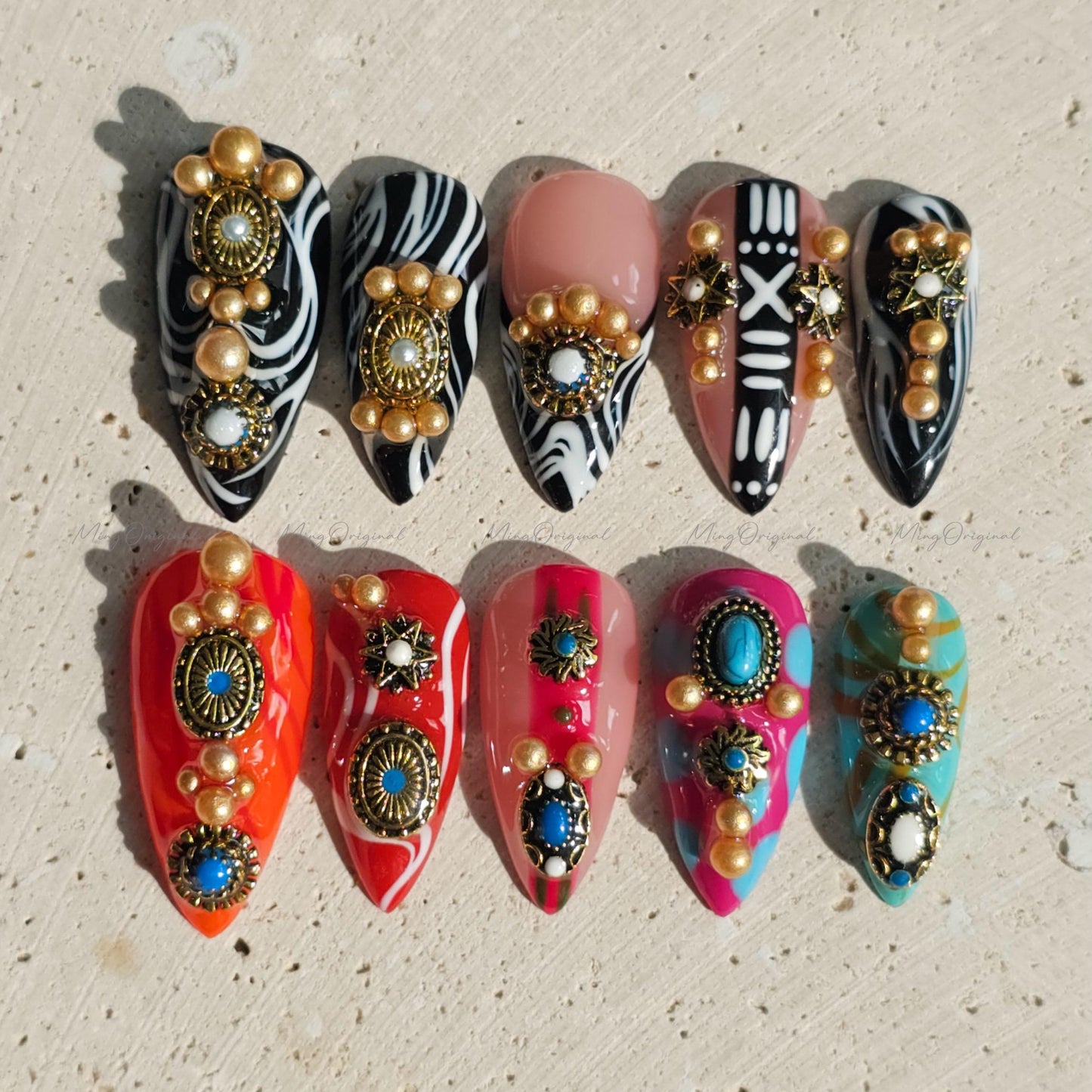 Boho Luxe Press on Nails, Black and white zebra, tribal pattern, bold red, turquoise accents, gold charms, statement nail,gift for her MO658