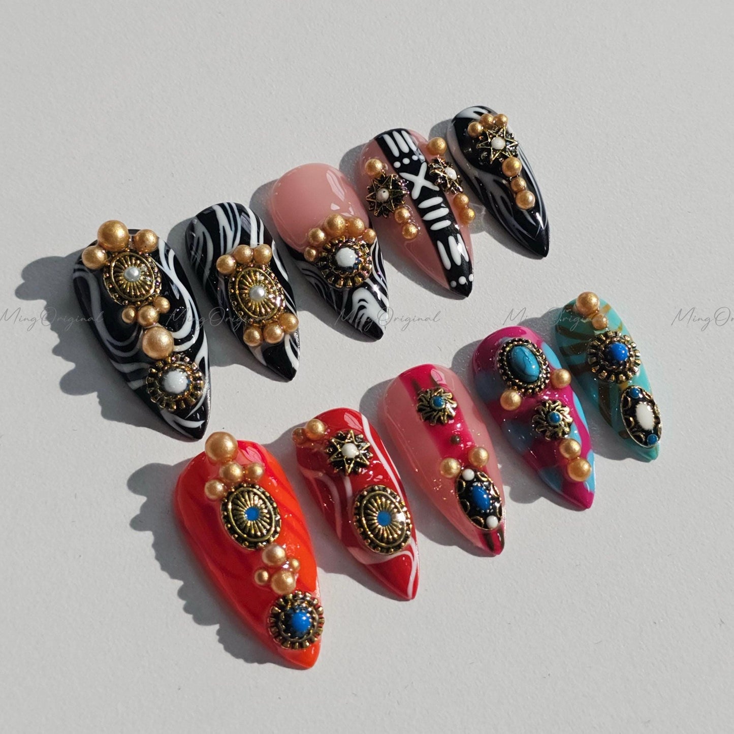 Boho Luxe Press on Nails, Black and white zebra, tribal pattern, bold red, turquoise accents, gold charms, statement nail,gift for her MO658