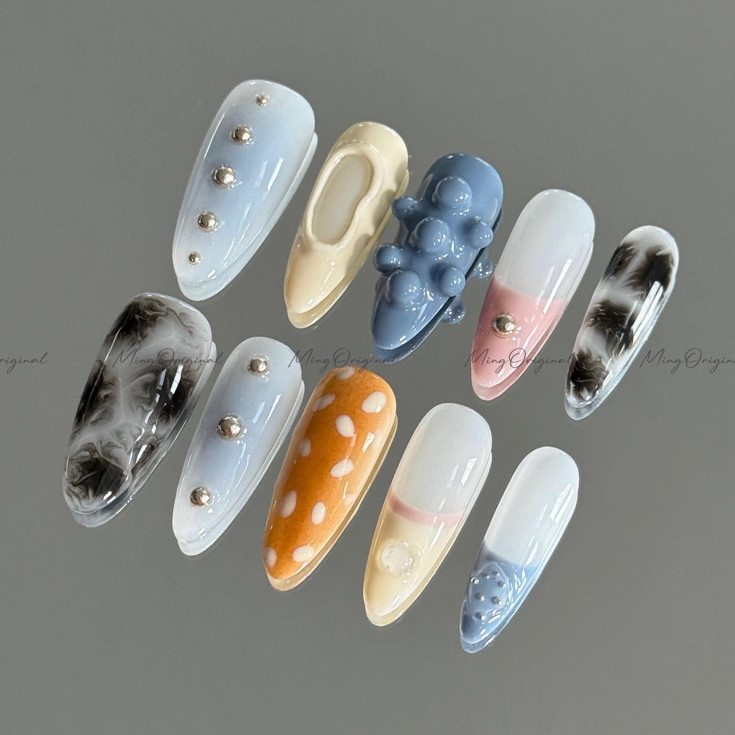 Soft Pastel and Smoke Mixed Press on Nails, blue beige pink, 3D texture, smoky marble, silver studs, sika deer pattern, MO676