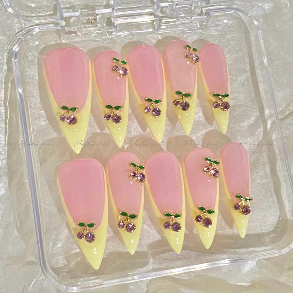 Yellow French Cherry press on nails, Fruit Lover pink cherry charms, candy color french tip, Holiday Fake Nails, Gifts for Her,MO659