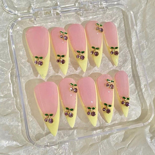 Yellow French Cherry press on nails, Fruit Lover pink cherry charms, candy color french tip, Holiday Fake Nails, Gifts for Her,MO659