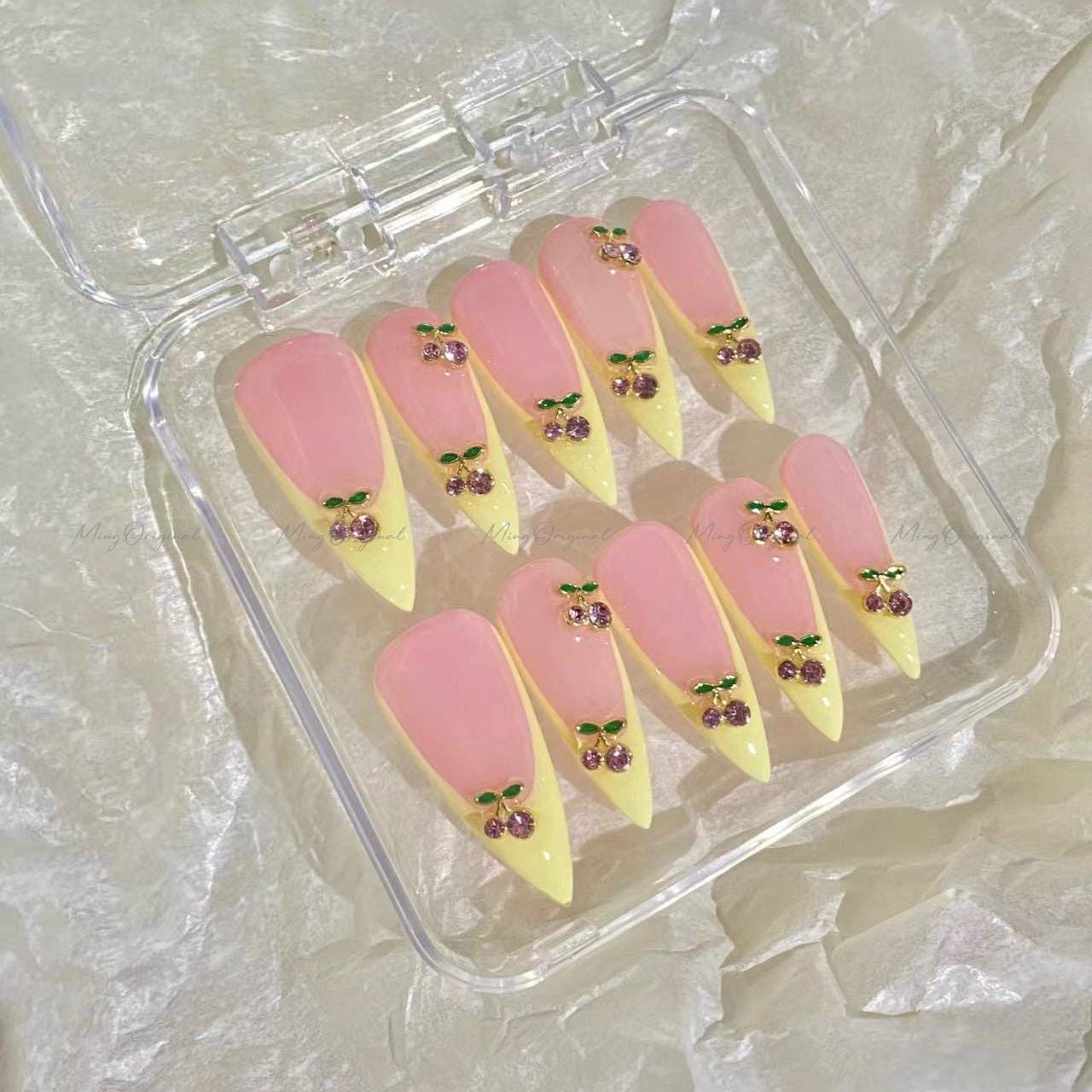 Yellow French Cherry press on nails, Fruit Lover pink cherry charms, candy color french tip, Holiday Fake Nails, Gifts for Her,MO659