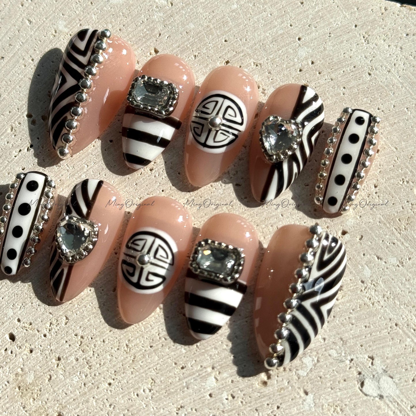 Boho Luxe Press on Nails, Black and white zebra, silver accents, crystal heart rhinestones, bold statement nail,gift for her MO660