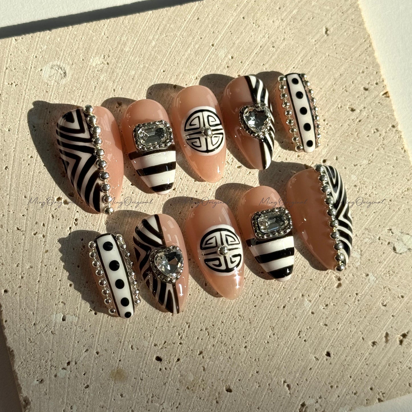 Boho Luxe Press on Nails, Black and white zebra, silver accents, crystal heart rhinestones, bold statement nail,gift for her MO660
