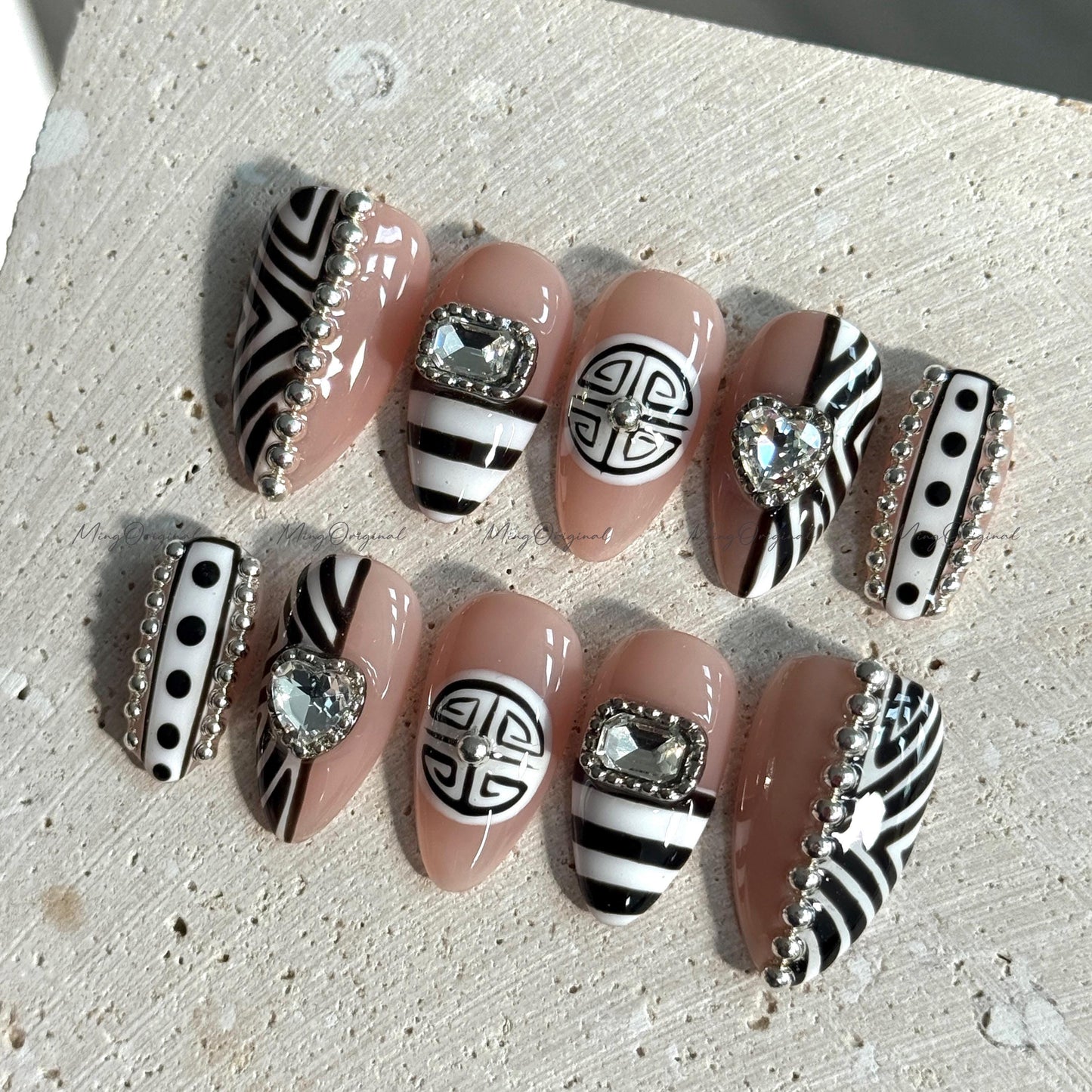 Boho Luxe Press on Nails, Black and white zebra, silver accents, crystal heart rhinestones, bold statement nail,gift for her MO660