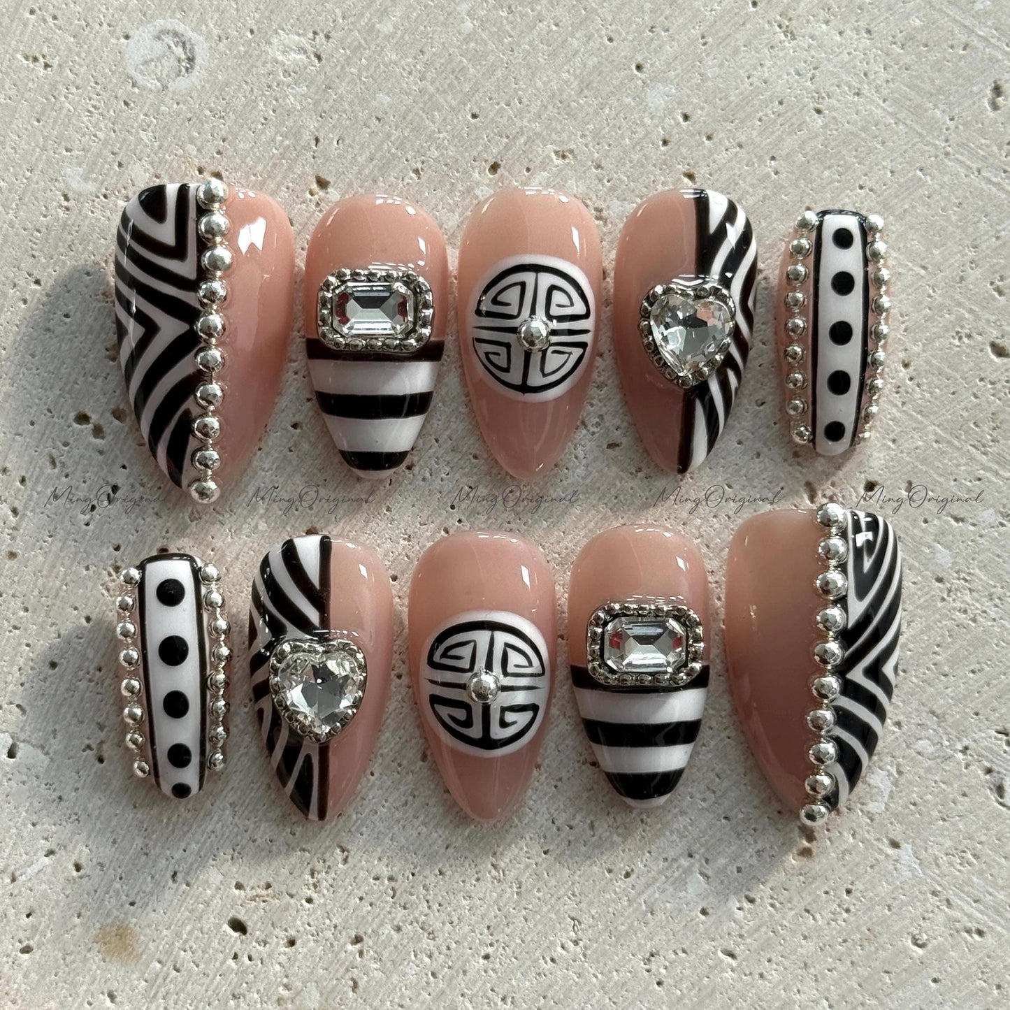 Boho Luxe Press on Nails, Black and white zebra, silver accents, crystal heart rhinestones, bold statement nail,gift for her MO660