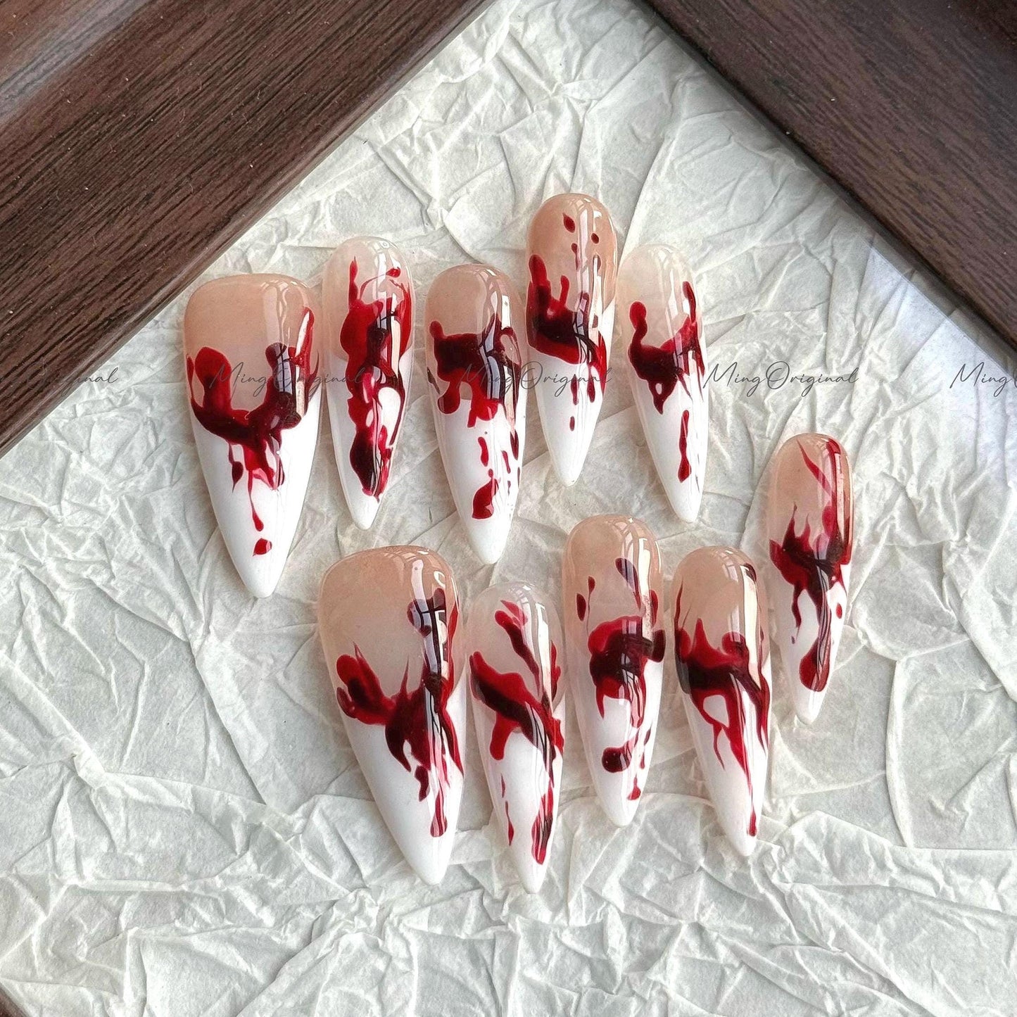 French Halloween Spooky nail bloody press on nail, fake bleeding nail, horror nail, ghost nail, red blood vampire nail, MO661