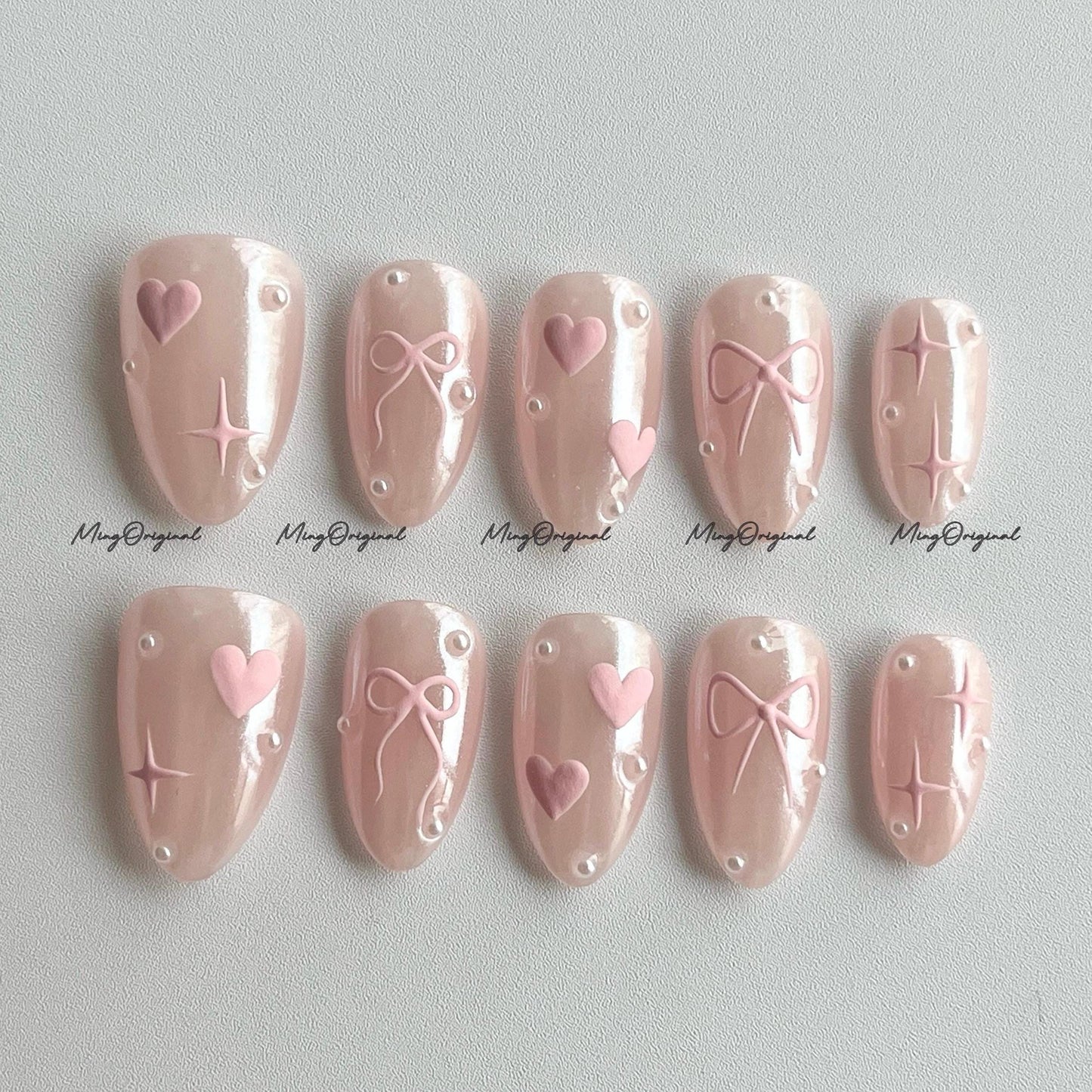 Pink heart Press on Nails, pink glazed donuts nail, 3d heart and star handmade Nails, valentine gift for her, MO672