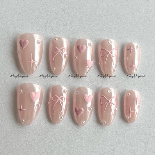 Pink heart Press on Nails, pink glazed donuts nail, 3d heart and star handmade Nails, valentine gift for her, MO672