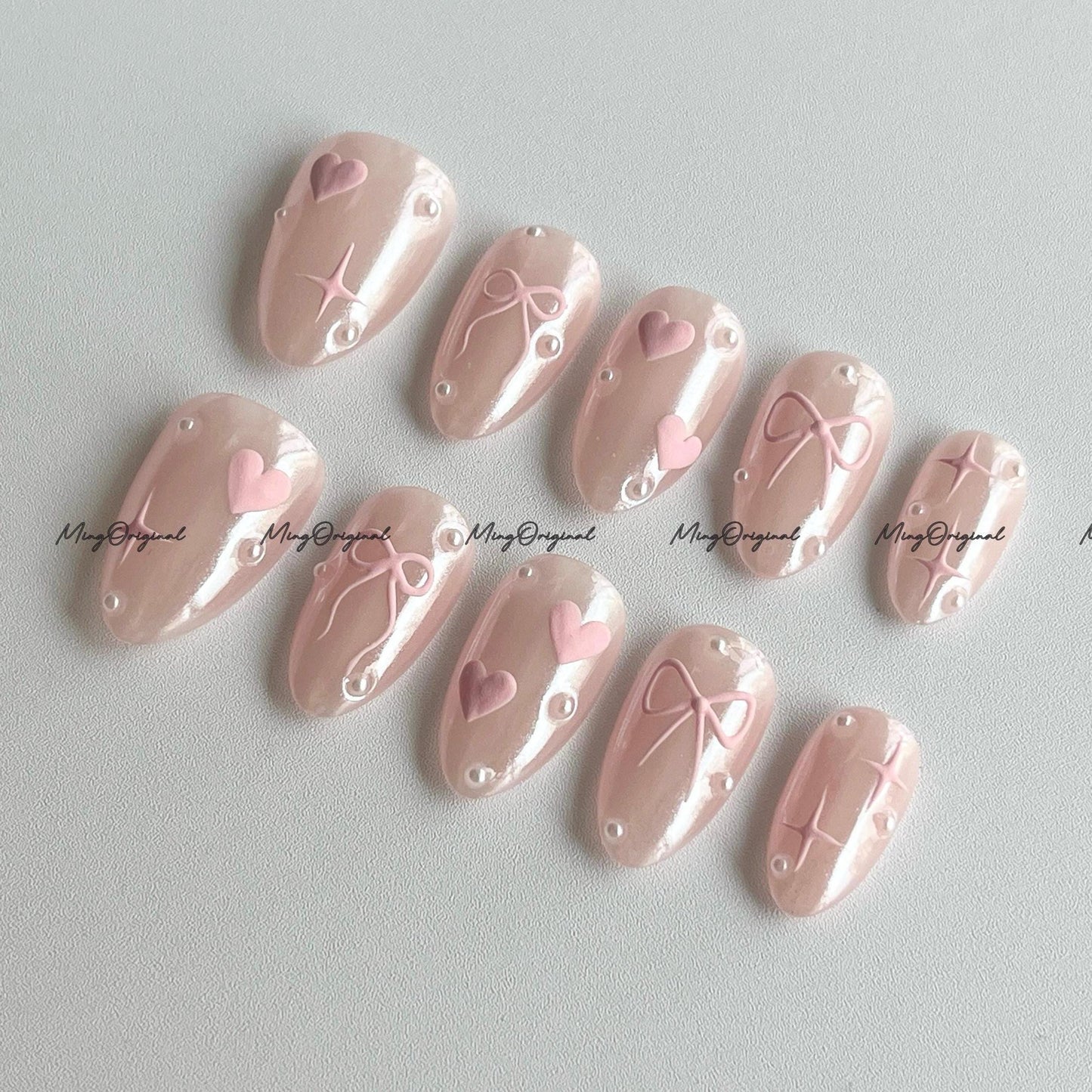 Pink heart Press on Nails, pink glazed donuts nail, 3d heart and star handmade Nails, valentine gift for her, MO672