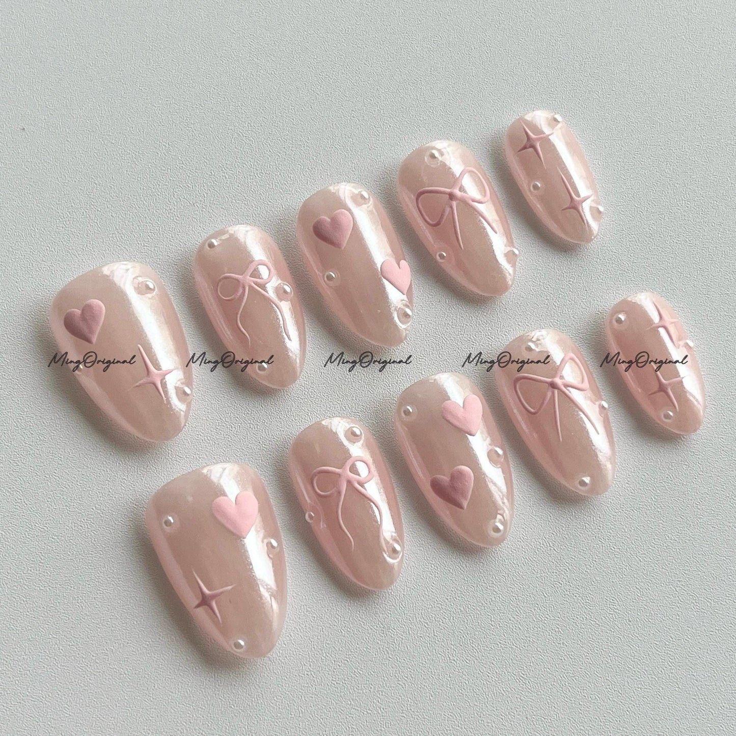 Pink heart Press on Nails, pink glazed donuts nail, 3d heart and star handmade Nails, valentine gift for her, MO672