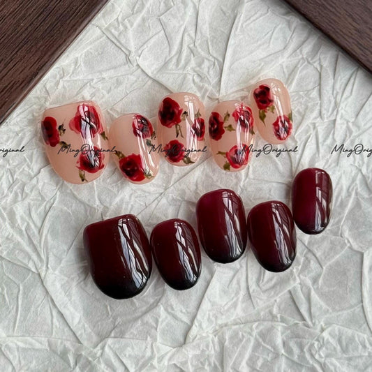 Water color press on nails, romantic rose flower design, classic vintage style red nail, elegant nail, gift for her, MO674