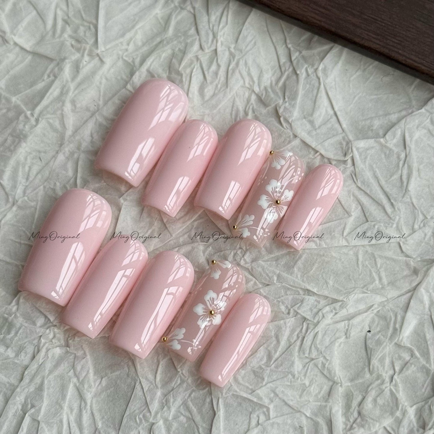 Pink floral Press on Nails, pastel Pink Handcrafted little white flowers, gift for her MO665