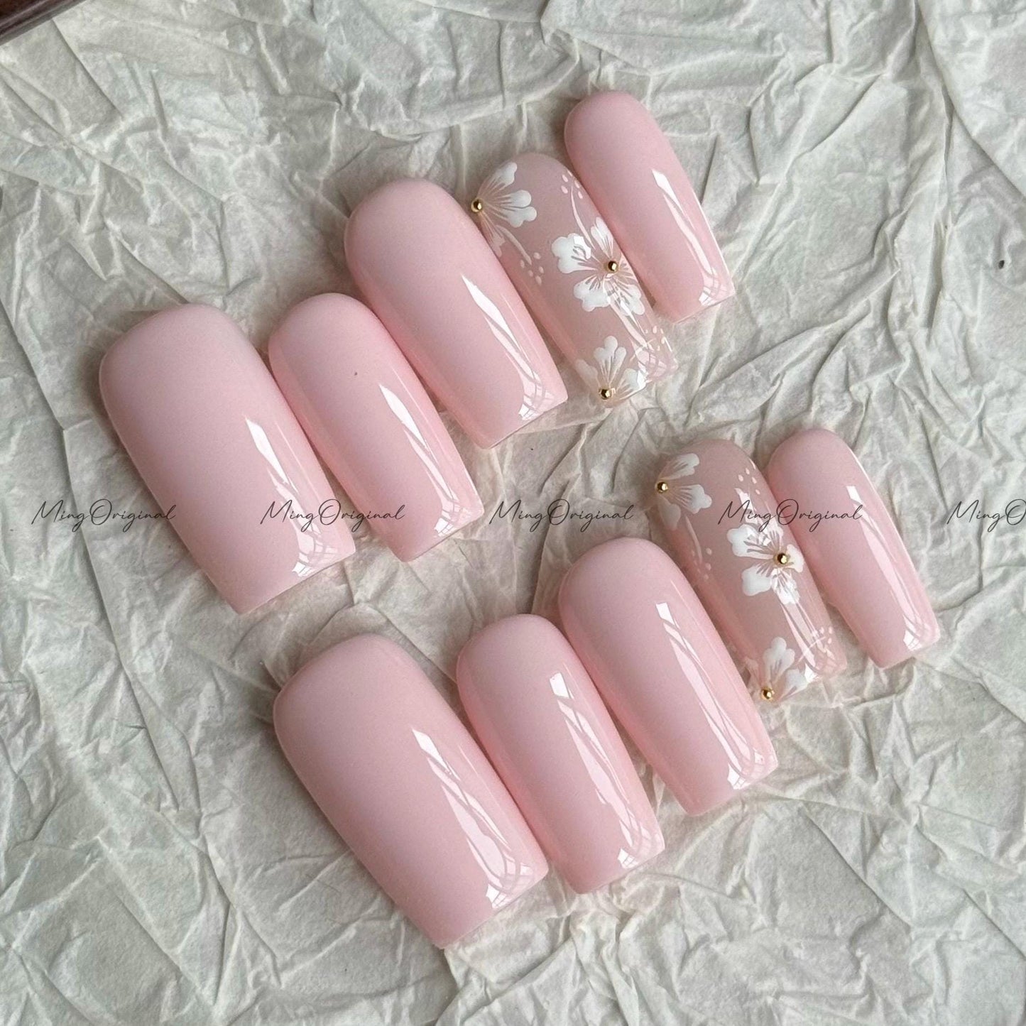 Pink floral Press on Nails, pastel Pink Handcrafted little white flowers, gift for her MO665