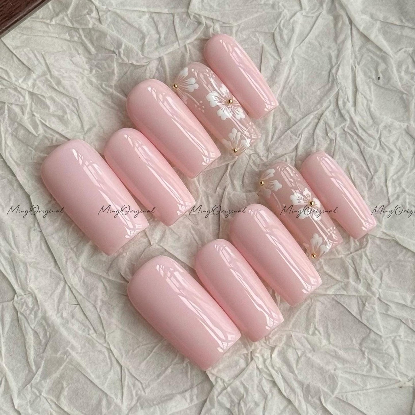 Pink floral Press on Nails, pastel Pink Handcrafted little white flowers, gift for her MO665