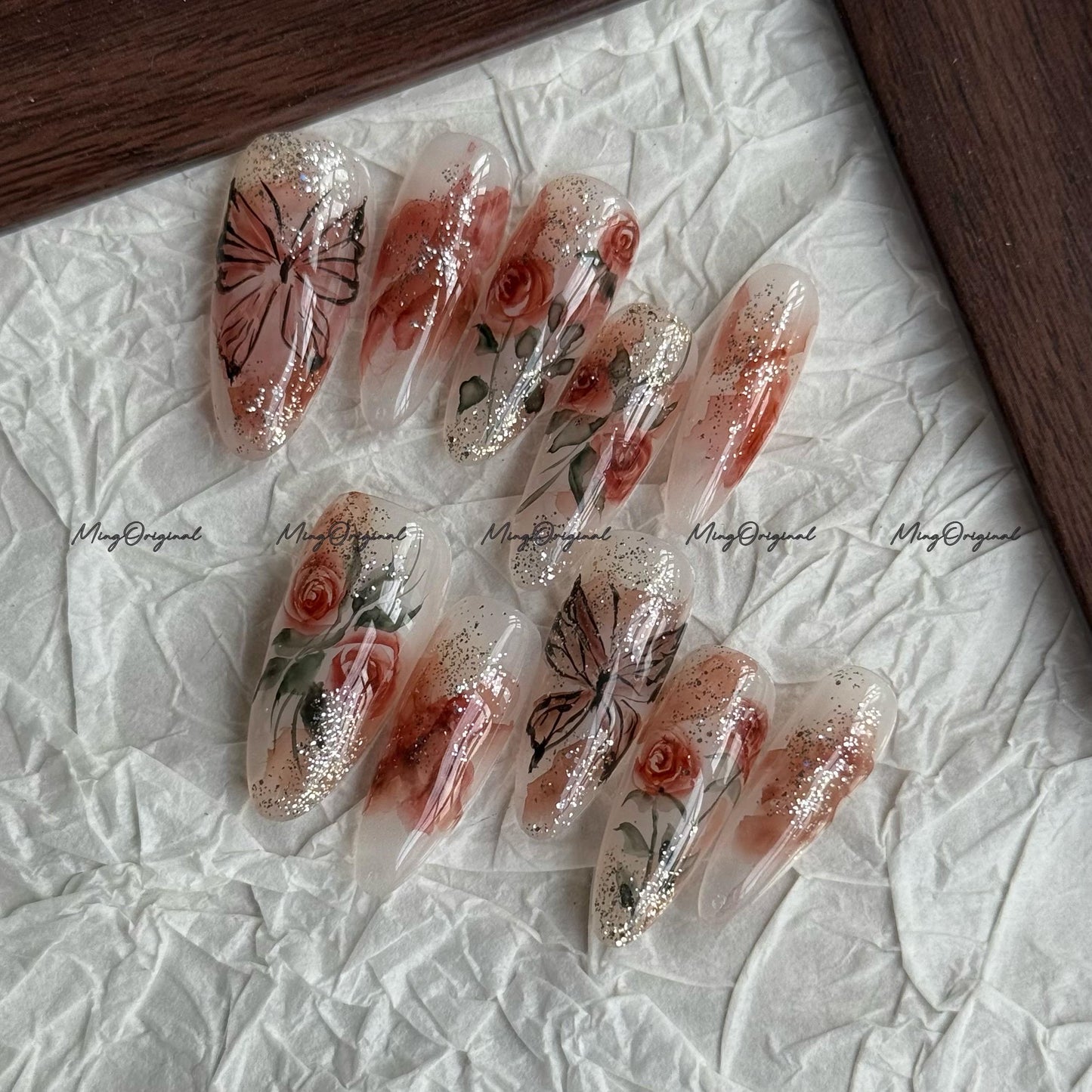 Water color Red Rose Flower and butterfly art nail, premium salon Press on Nail, Handmade gel Nails, hand painted MO675