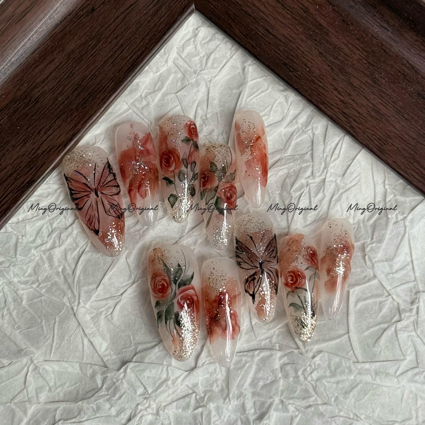 Water color Red Rose Flower and butterfly art nail, premium salon Press on Nail, Handmade gel Nails, hand painted MO675