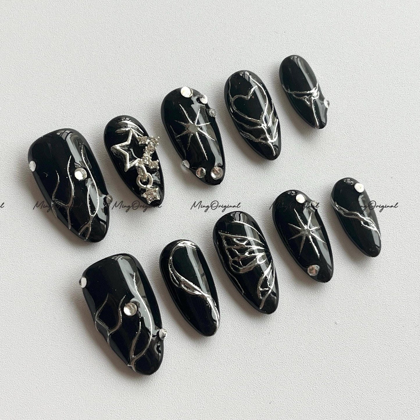 Black Silver Shiny y2k Nail press on, Handpainted Butterfly Fake nails, Chrome Metal Mirror textured nail, Luxury Handmade Nails, MO676