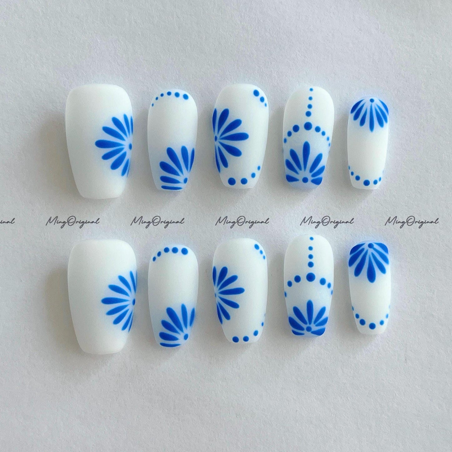 Boho Patch work milky white Nail, Blue Porcelain Pattern handpainted press on nails, simple and clean nail design, matte nail, MO679
