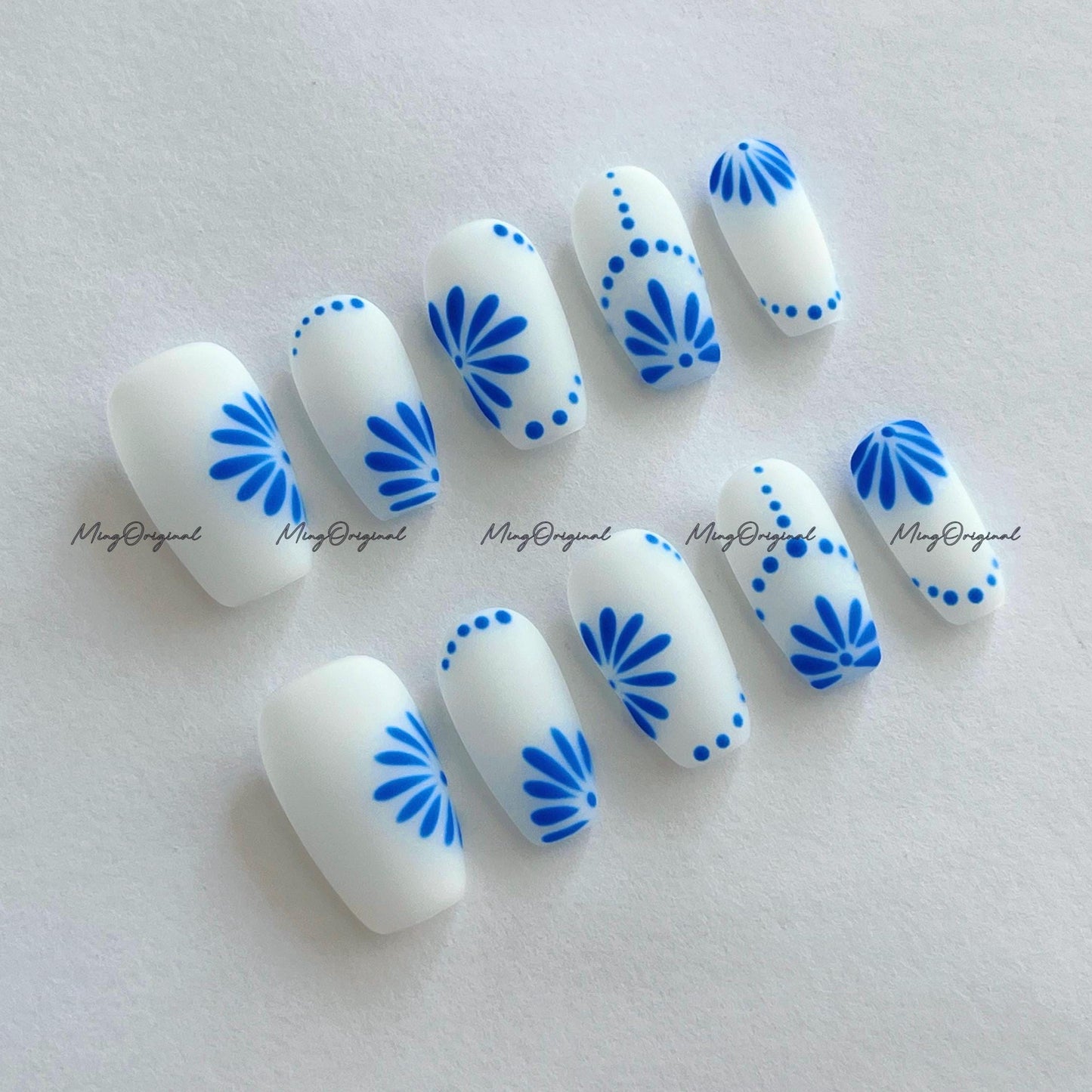 Boho Patch work milky white Nail, Blue Porcelain Pattern handpainted press on nails, simple and clean nail design, matte nail, MO679