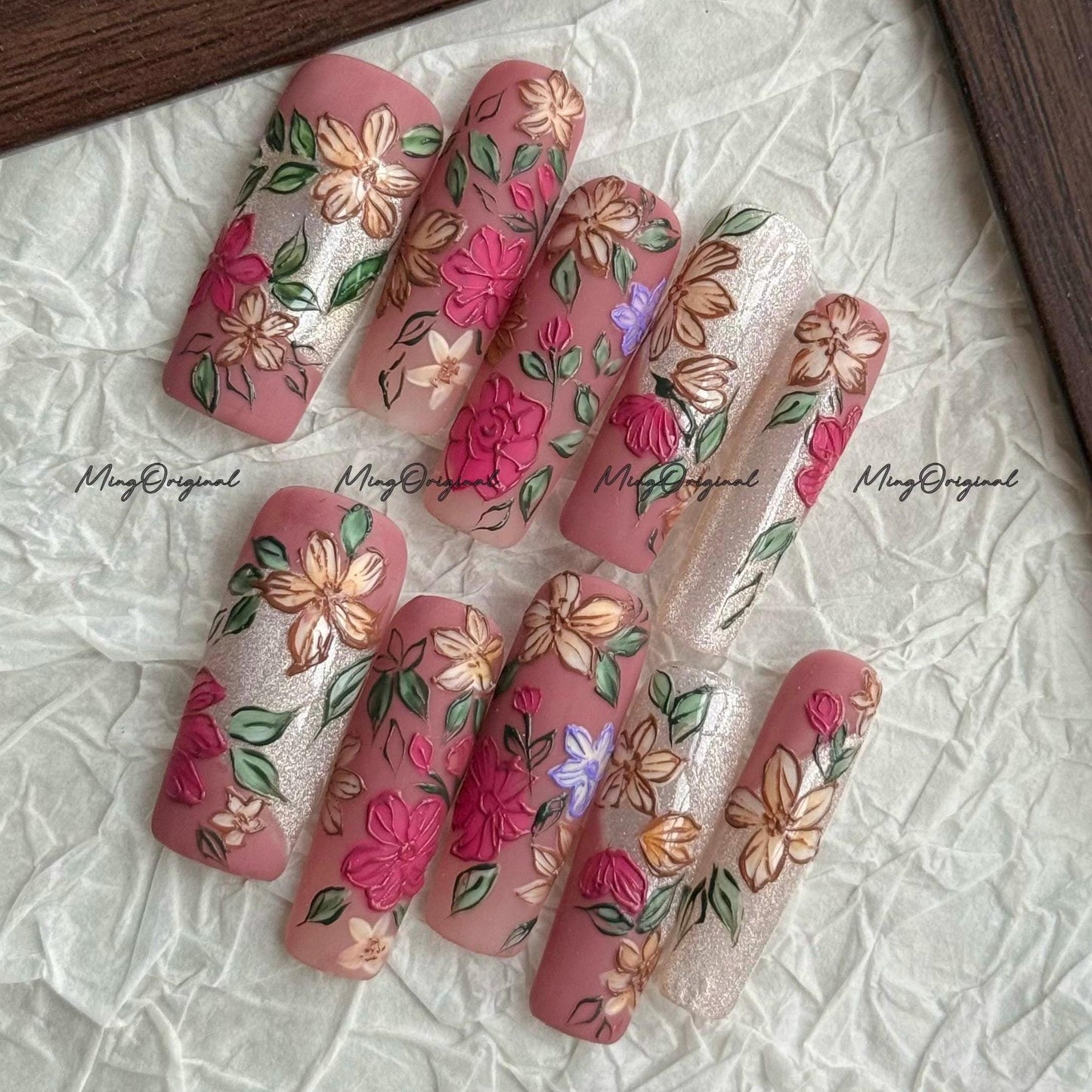 Flower Garden art nail, sculpted floral Press on Nail, autumn flower petals, glittery nail, hand painted wedding bridal floral nail, MO680