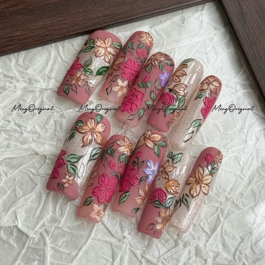 Flower Garden art nail, sculpted floral Press on Nail, autumn flower petals, glittery nail, hand painted wedding bridal floral nail, MO680