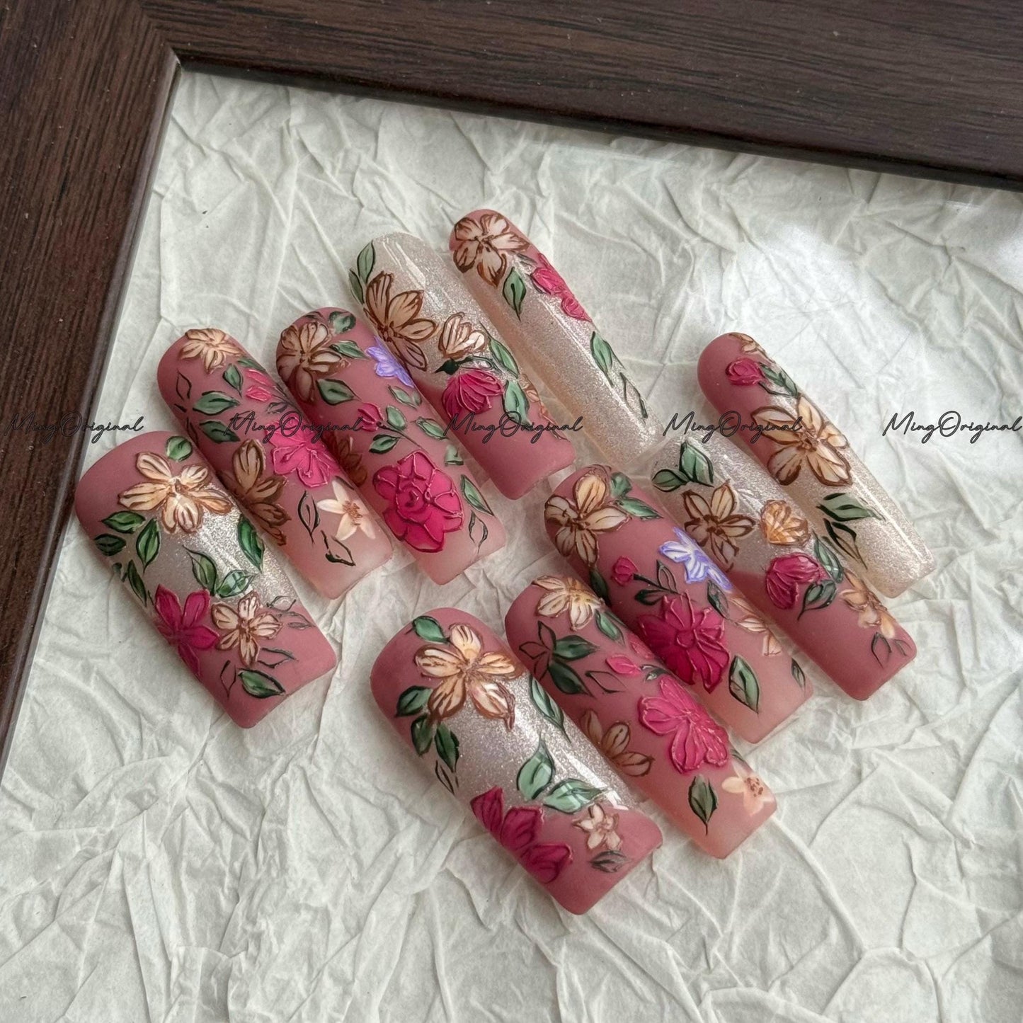 Flower Garden art nail, sculpted floral Press on Nail, autumn flower petals, glittery nail, hand painted wedding bridal floral nail, MO680
