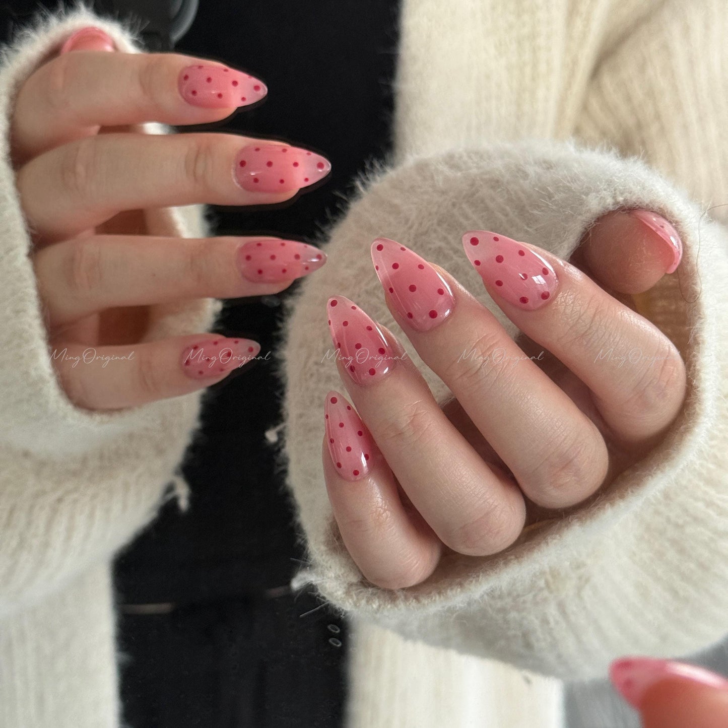 Pink Polka dots press on nails, cute dot design, vintage style red and pink nail, jelly nail, valentine girly gift for her, MO667