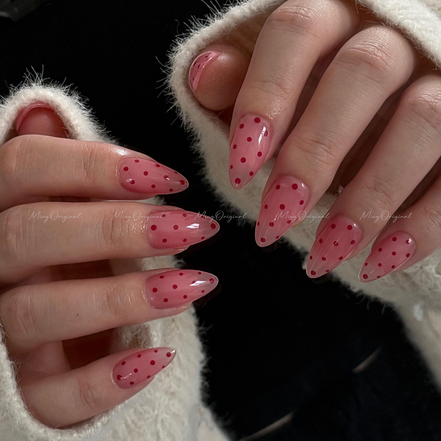 Pink Polka dots press on nails, cute dot design, vintage style red and pink nail, jelly nail, valentine girly gift for her, MO667
