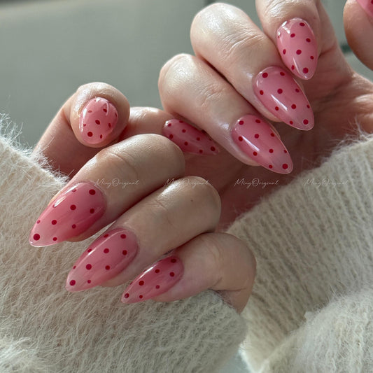 Pink Polka dots press on nails, cute dot design, vintage style red and pink nail, jelly nail, valentine girly gift for her, MO667