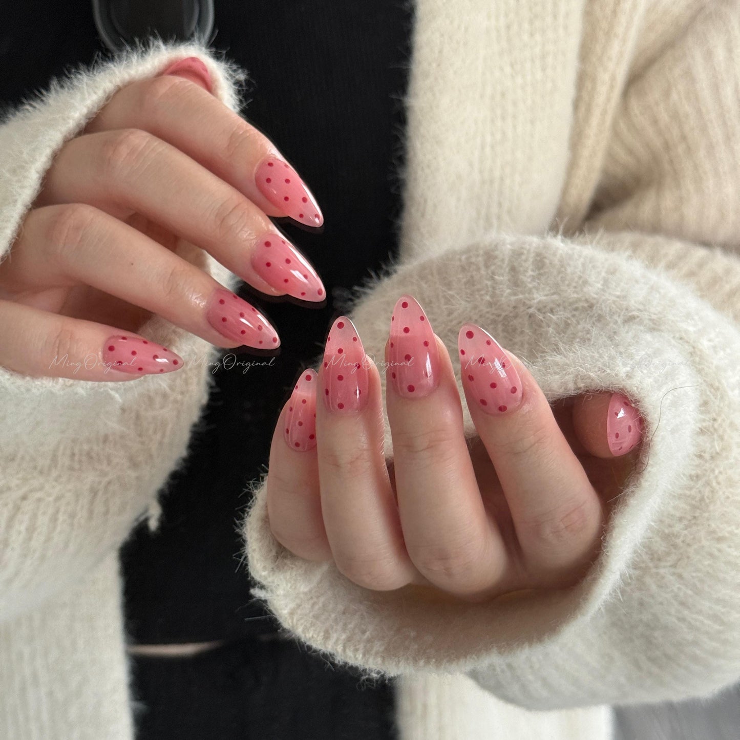Pink Polka dots press on nails, cute dot design, vintage style red and pink nail, jelly nail, valentine girly gift for her, MO667