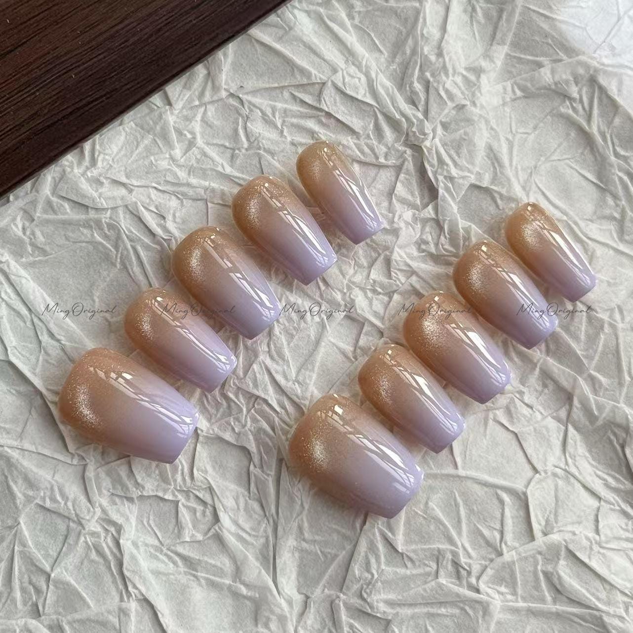 Purple Nude Cat Eye press on nails, Sparkling Nail, purple ombre airbrush tip,glittery shimmering,gift for her,MO681
