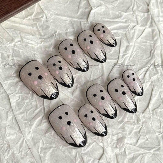 Ghost face press on nail, Halloween Season spooky nail, horror nail, hand paint ghost nail, glittery sparkly gift for her, MO668