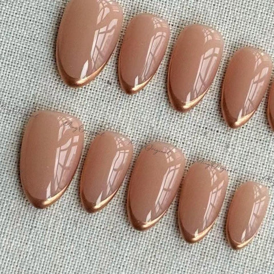 Chrome Tip Press on Nails, Classy Slim French Tip Gold Mirror Chromr hand painted fake Nails, Everyday nail, glue on nail, MO671
