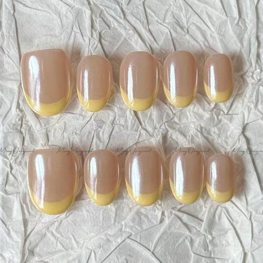 Yellow Glazed donuts French Tip press on nail, pearl chrome Fake nails, nude nail, Handmade jelly nail, MO672