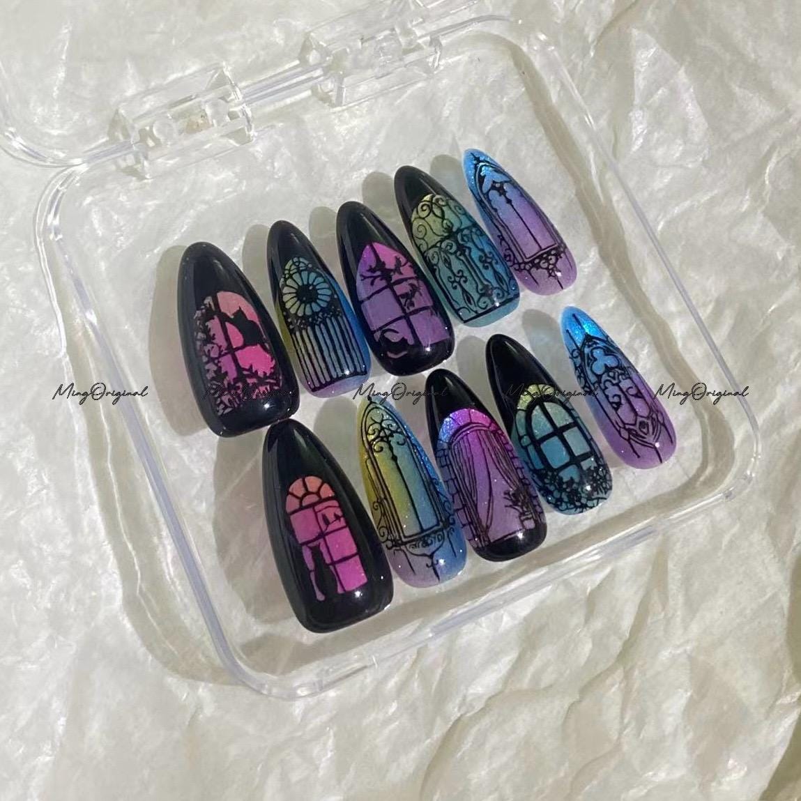 Black Stained Glass Window Glittery press on nails, Sparkling Cat Eye, Retro Shadow hand painted nail, gift for her, MO683