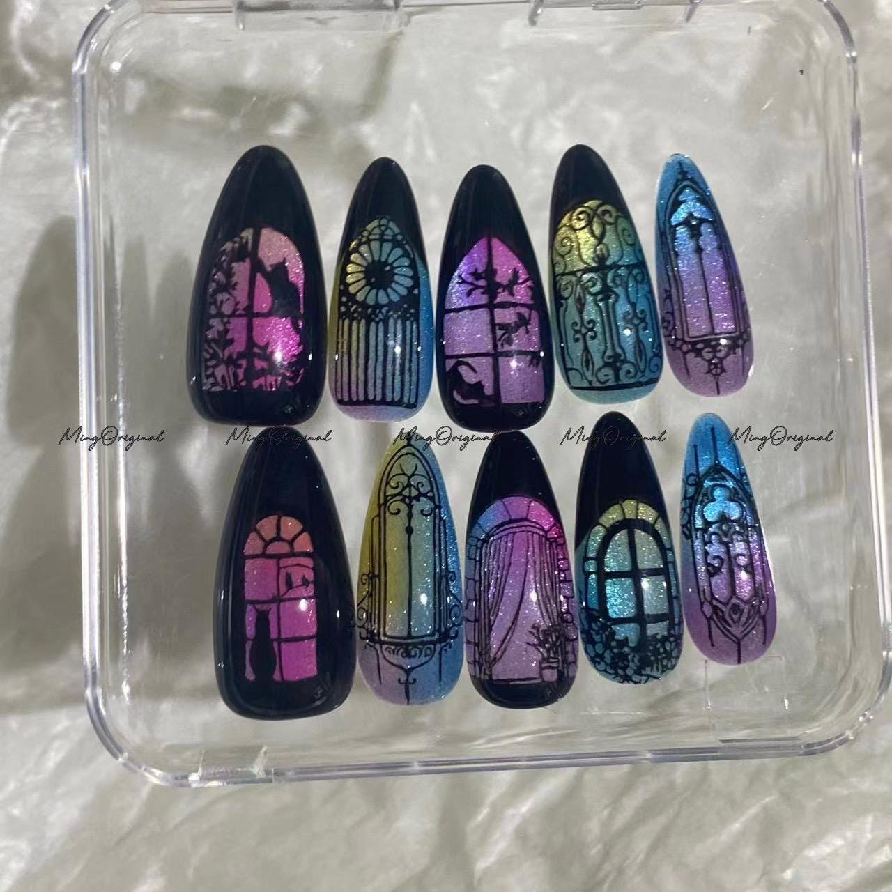 Black Stained Glass Window Glittery press on nails, Sparkling Cat Eye, Retro Shadow hand painted nail, gift for her, MO683