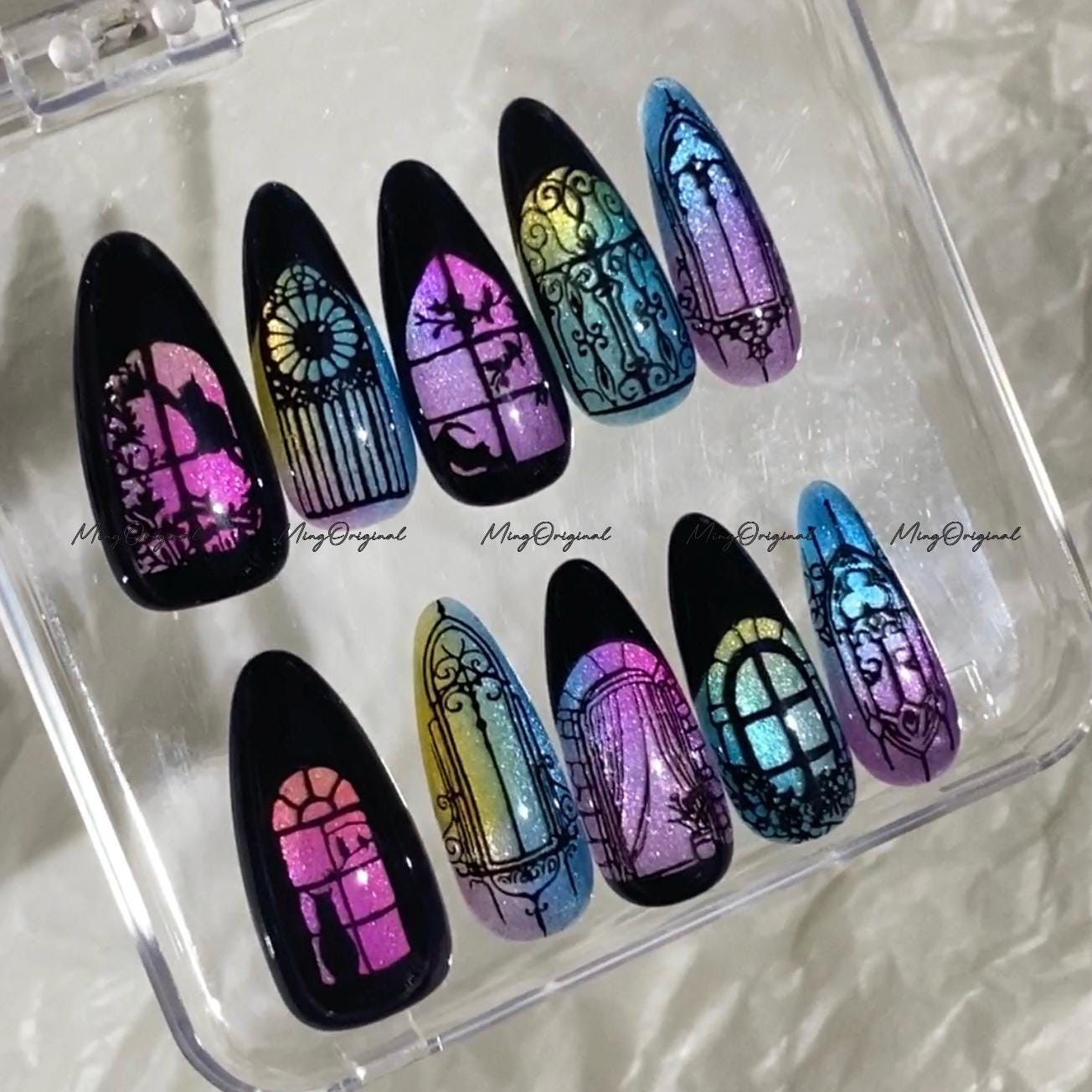 Black Stained Glass Window Glittery press on nails, Sparkling Cat Eye, Retro Shadow hand painted nail, gift for her, MO683