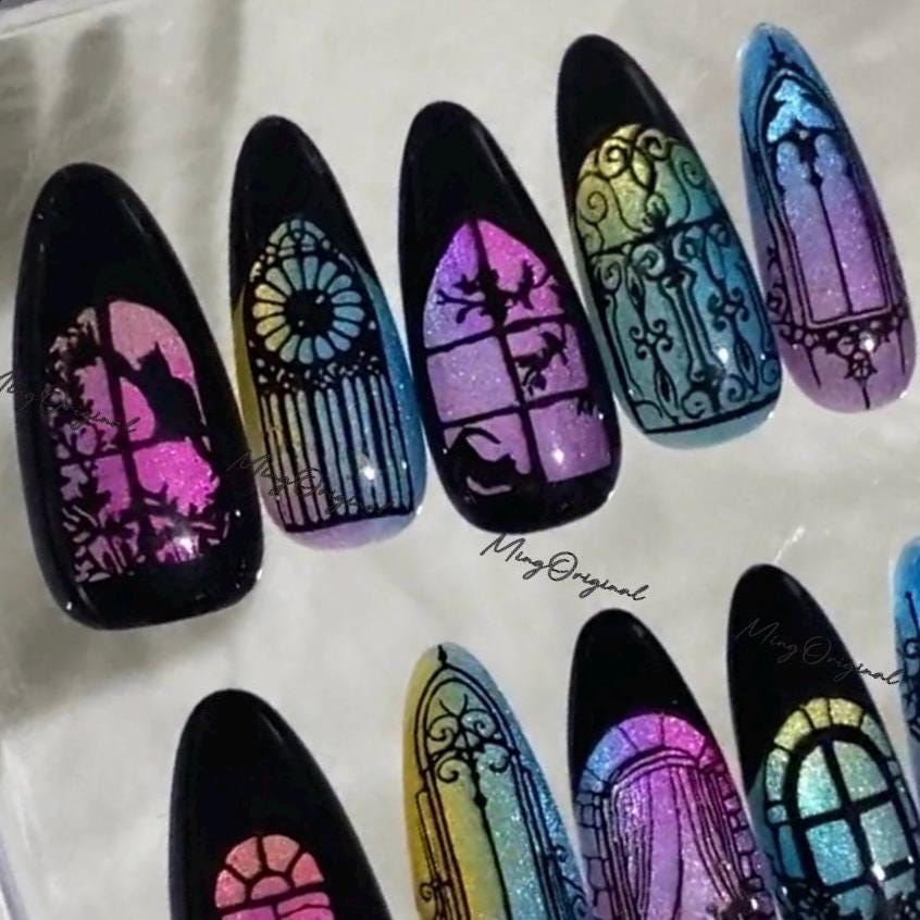 Black Stained Glass Window Glittery press on nails, Sparkling Cat Eye, Retro Shadow hand painted nail, gift for her, MO683