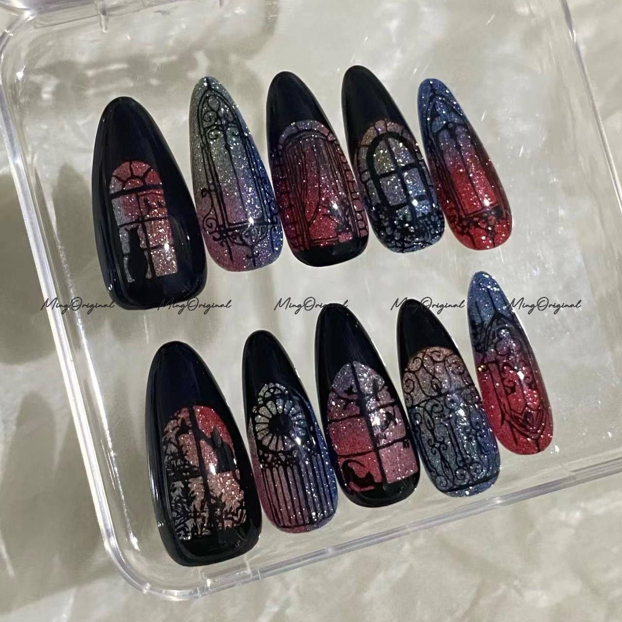 Black Stained Glass Window Glittery press on nails, Sparkling Diamond Reflective, Retro Shadow hand painted nail, gift for her, MO684