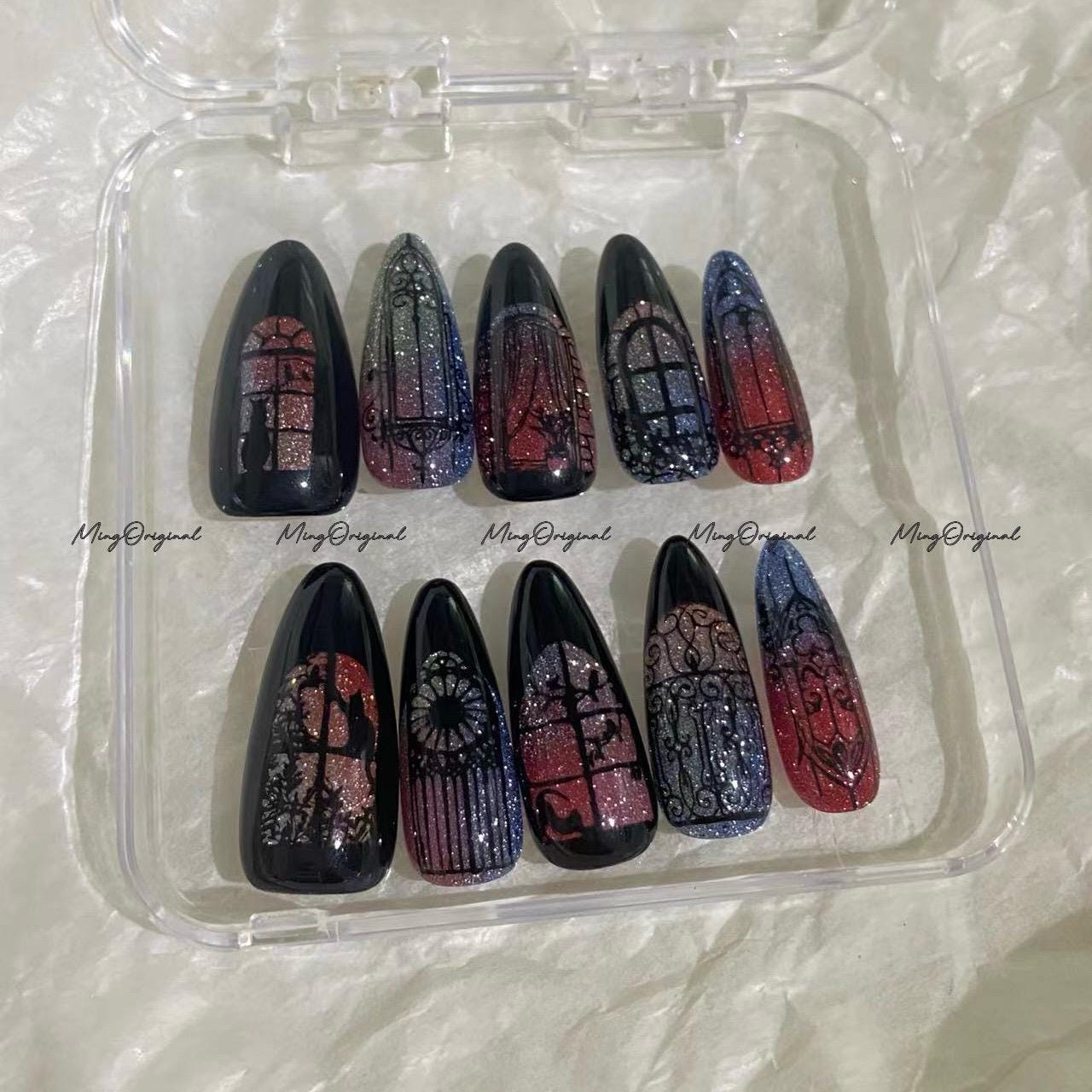 Black Stained Glass Window Glittery press on nails, Sparkling Diamond Reflective, Retro Shadow hand painted nail, gift for her, MO684