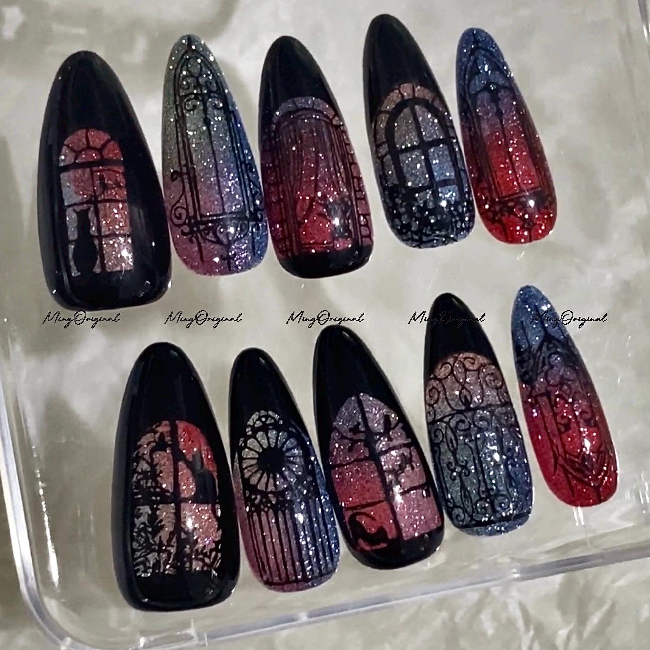 Black Stained Glass Window Glittery press on nails, Sparkling Diamond Reflective, Retro Shadow hand painted nail, gift for her, MO684