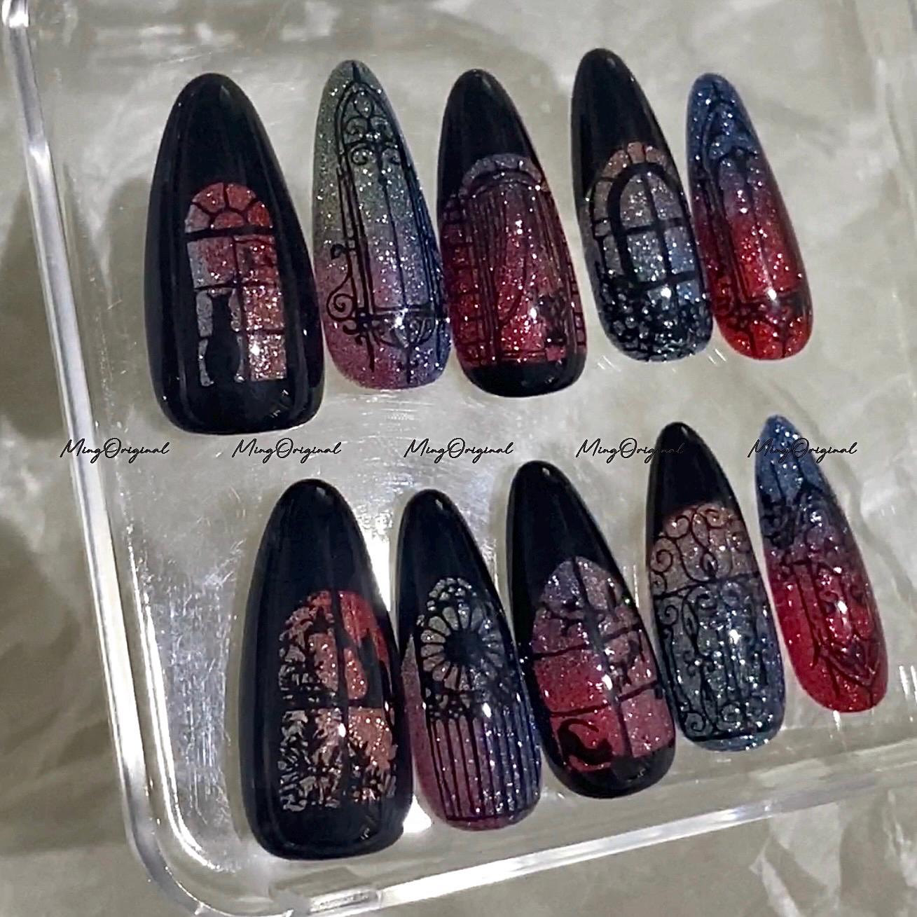 Black Stained Glass Window Glittery press on nails, Sparkling Diamond Reflective, Retro Shadow hand painted nail, gift for her, MO684