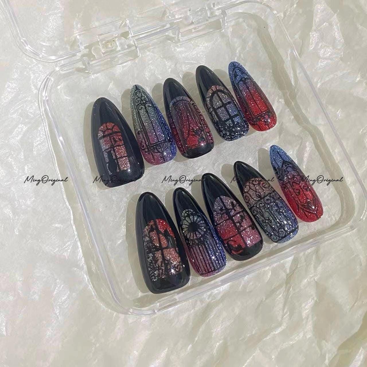 Black Stained Glass Window Glittery press on nails, Sparkling Diamond Reflective, Retro Shadow hand painted nail, gift for her, MO684