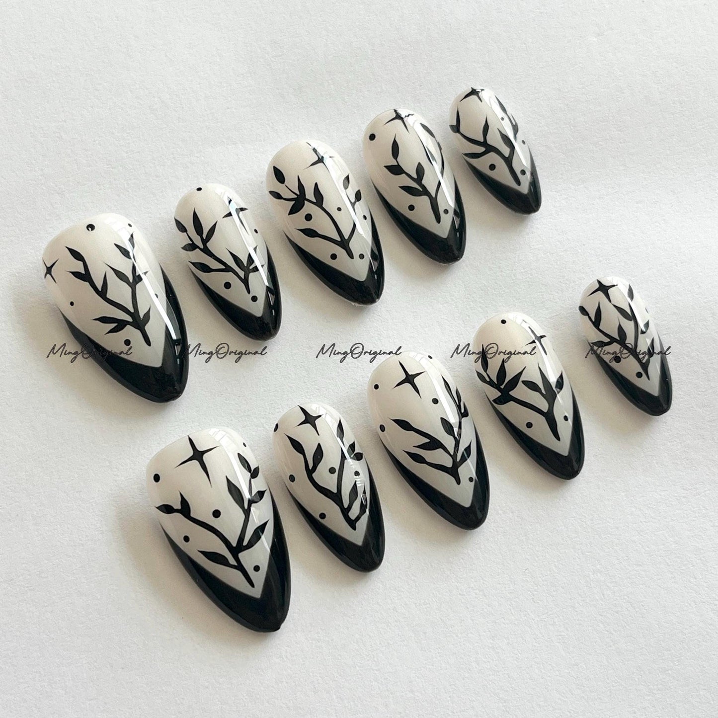 Black Leaf Artistic French Tip Nail , witchy handpainted press on nails, Holiday Fake Nails, Gifts for Her,MO685