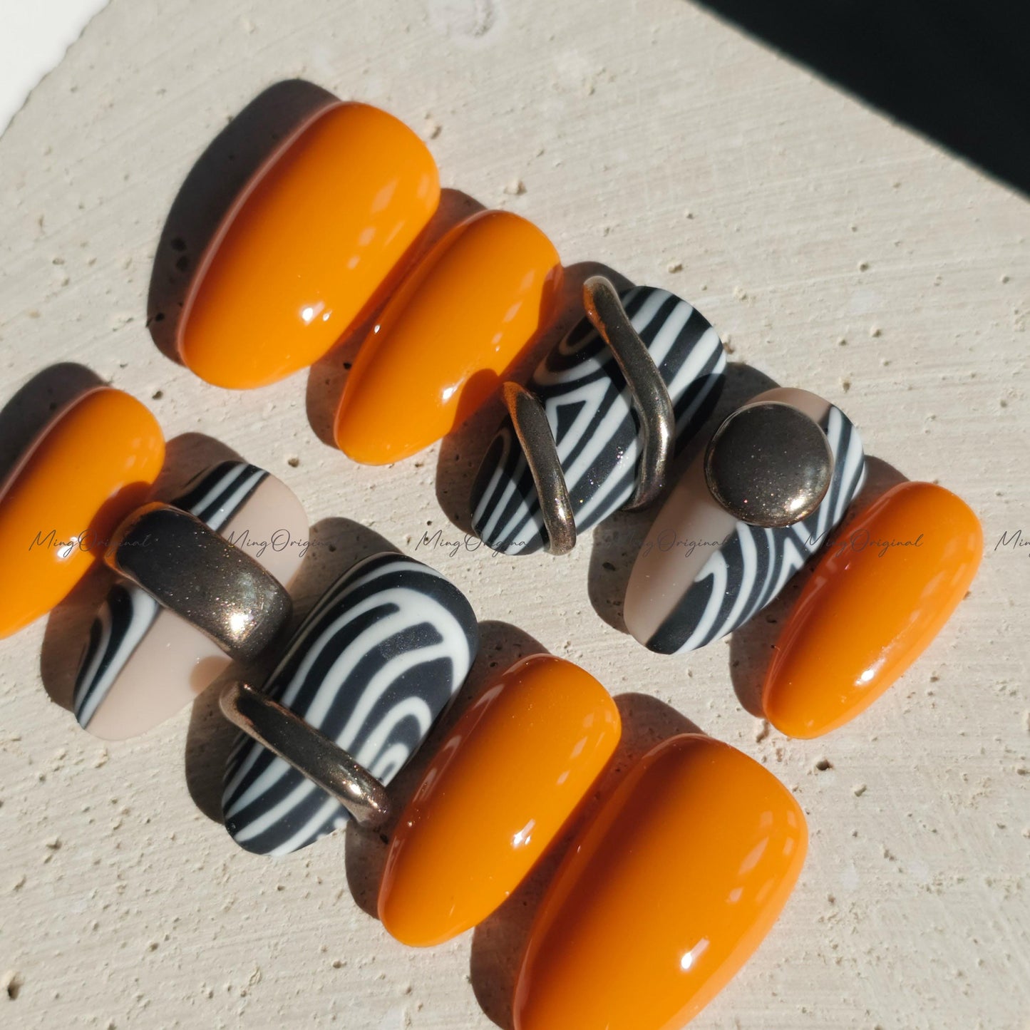 Boho Luxe Press on Nails, Black and white zebra, gold accents, orange color, bold statement nail,gift for her MO674