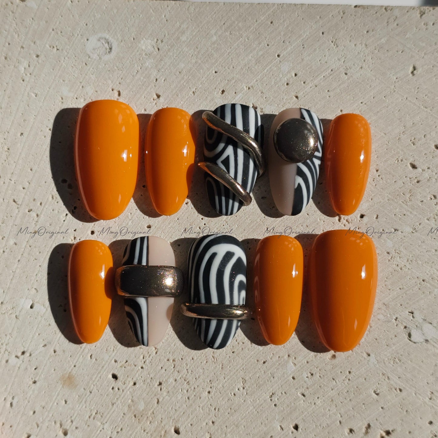Boho Luxe Press on Nails, Black and white zebra, gold accents, orange color, bold statement nail,gift for her MO674