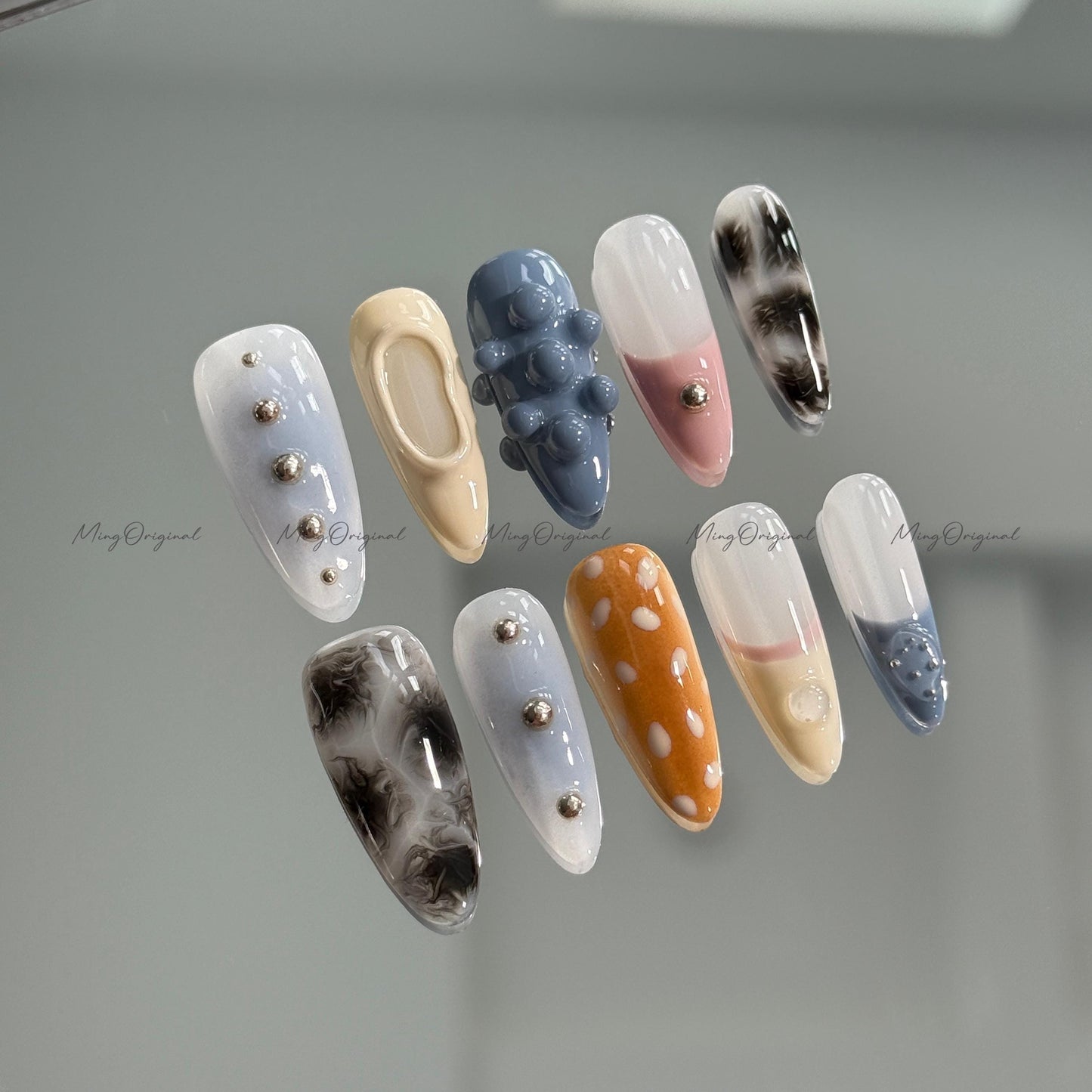 Soft Pastel and Smoke Mixed Press on Nails, blue beige pink, 3D texture, smoky marble, silver studs, sika deer pattern, MO676