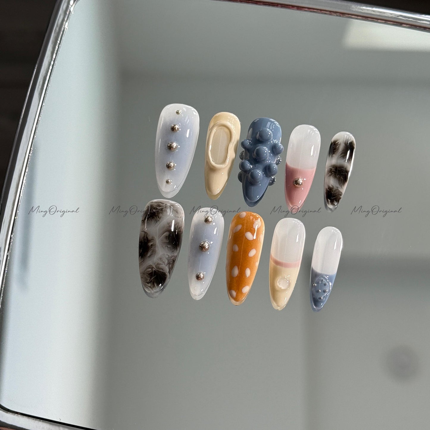 Soft Pastel and Smoke Mixed Press on Nails, blue beige pink, 3D texture, smoky marble, silver studs, sika deer pattern, MO676